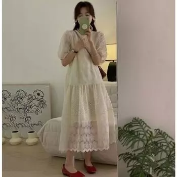 DIMANAF Женское платье больших размеров 2024, новое летнее длинное платье большого размера с оборками и рукавами, повседневное свободное платье, элегантное кружевное базовое длинное платье