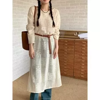 DIMANAF женское платье больших размеров весна-лето свободное пляжное платье с вырезом снизу элегантное женское белое кружевное платье-рубашка с длинными рукавами