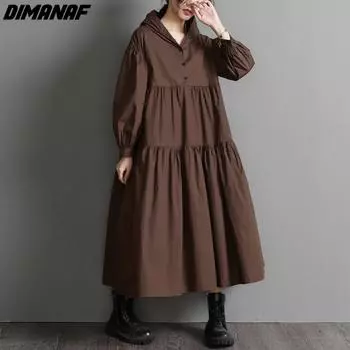 DIMANAF Женское платье больших размеров, новинка 2024 года, летнее платье, свободное женское платье, плиссированные платья с капюшоном и длинными рукавами, черные