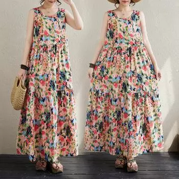Dimanaf Женское платье больших размеров, новинка 2024 года, летнее, длинное, с круглым вырезом, без рукавов, базовое винтажное повседневное свободное платье с цветочным принтом