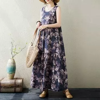 Dimanaf Женское платье больших размеров, новинка 2024 года, летнее, с круглым вырезом, оверсайз, базовое винтажное повседневное длинное свободное платье без рукавов с цветочным принтом