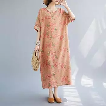 DIMANAF женское платье больших размеров, новинка 2024 года, повседневное летнее длинное платье с круглым вырезом и цветочным принтом, свободное хлопковое платье с короткими рукавами оверсайз