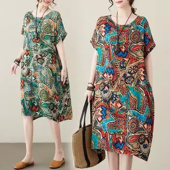 DIMANAF Женское платье больших размеров 2024, новое летнее стильное платье с круглым вырезом и цветочным принтом, зеленое льняное базовое платье 313 One Size зелёный