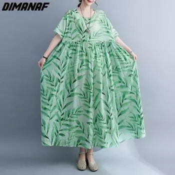DIMANAF Женское платье больших размеров 2023, новое летнее стильное платье с длинным рукавом и круглым вырезом, свободное платье с цветочным принтом, зеленые льняные базовые платья