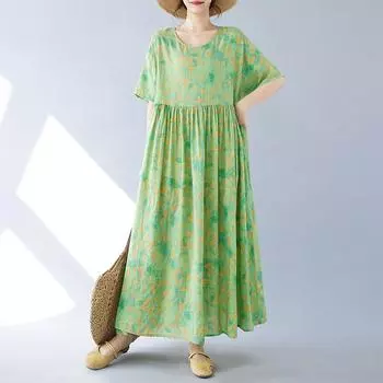 DIMANAF Женское платье больших размеров 2024, новое летнее стильное платье с круглым вырезом и цветочным принтом, зеленое льняное базовое платье 1091 One Size