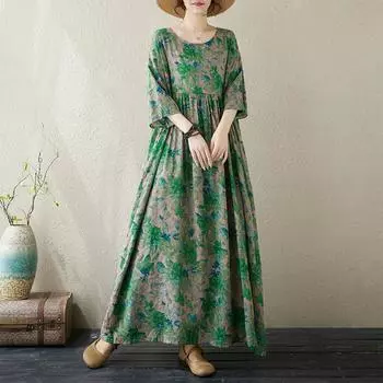 Dimanaf Женское платье больших размеров, новинка 2024 года, летнее базовое винтажное свободное платье большого размера с коротким рукавом и длинным цветочным принтом