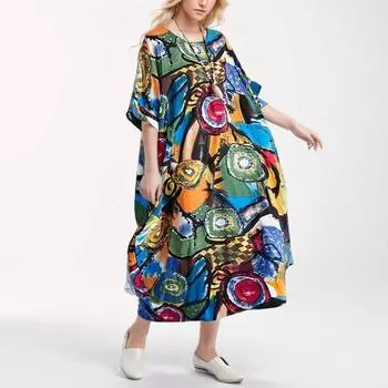 DIMANAF Женское платье больших размеров 2024, новое летнее стильное платье с длинным рукавом и круглым вырезом, свободное платье с цветочным принтом, базовое черное новое One Size зелёный