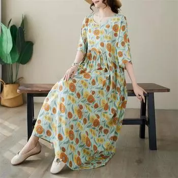 DIMANAF, женское платье больших размеров, новинка 2024 года, летнее стильное платье, свободное платье с круглым вырезом и цветочным принтом, зеленые льняные базовые платья 5015