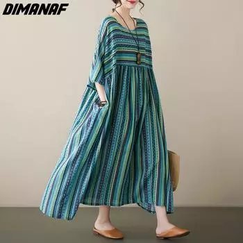 DIMANAF Женское платье больших размеров 2023, новое летнее стильное свободное платье, базовые синие платья в полоску, большие размеры one size синий