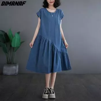 DIMANAF женское платье больших размеров, новинка 2023 года, летнее платье, хлопковое джинсовое платье с короткими рукавами, длинное платье с круглым вырезом, синее, со свободными оборками