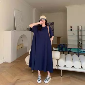 DIMANAF женское платье большого размера, новинка 2024 года, летнее платье-футболка большого размера, повседневное платье, хлопковые свободные трапециевидные однотонные модные длинные платья