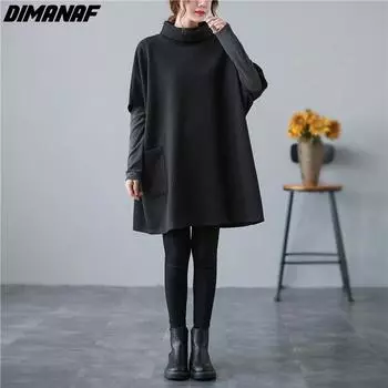 DIMANAF женское платье хлопковая водолазка женская одежда больших размеров свободная однотонная черная осень 2021