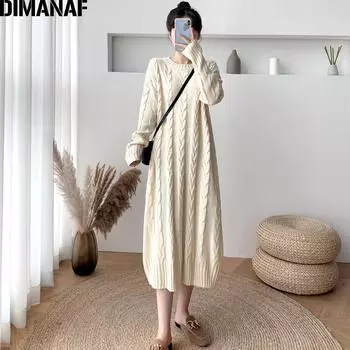DIMANAF женское платье из плотного хлопка, вязаное полосатое элегантное женское платье-свитер с длинными рукавами, оверсайз, осень-зима