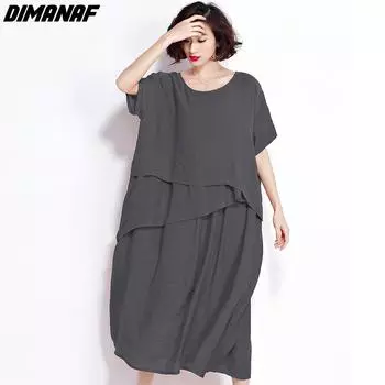 DIMANAF женское платье, летнее однотонное льняное платье больших размеров, модное свободное повседневное длинное платье большого размера 2022