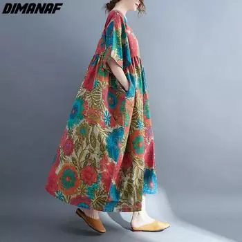 DIMANAF женское платье летнее пляжное платье больших размеров льняное богемное платье с цветочным принтом модное женское платье Vestidos свободное повседневное длинное платье большого размера 6179