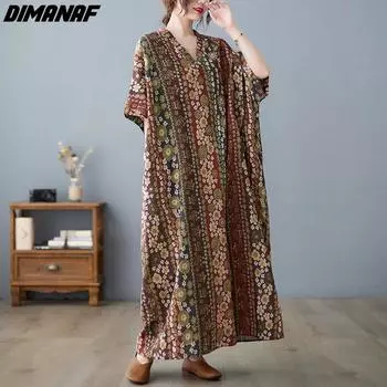 DIMANAF женское платье, летнее пляжное платье больших размеров с v-образным вырезом, женское льняное полосатое свободное повседневное длинное платье большого размера