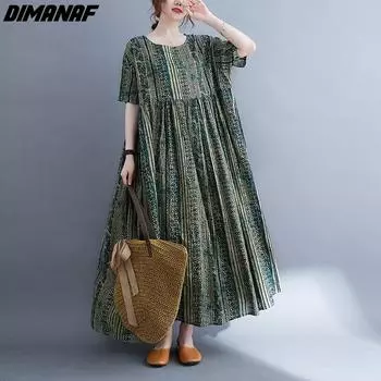 DIMANAF женское платье летнее пляжное платье больших размеров льняное богемное платье с цветочным принтом модное женское платье Vestidos свободное повседневное длинное платье большого размера 9079 One Size