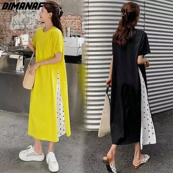 DIMANAF женское платье летнее плюс размер модное черное свободное в горошек повседневное длинное платье большого размера