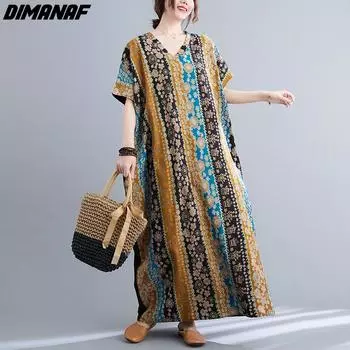 DIMANAF Женское платье Летний пляж Сарафан V-образный вырез Богемный принт Полосатые цветы Свободные повседневные длинные платья оверсайз