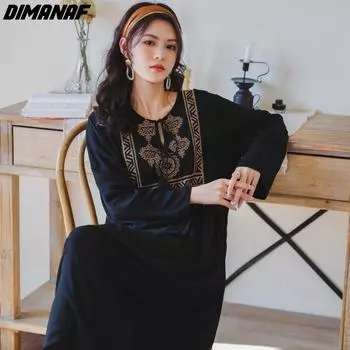 DIMANAF женское платье летний пляжный сарафан винтажный с v-образным вырезом и длинными рукавами в богемном стиле с цветочным принтом свободное повседневное длинное платье больших размеров