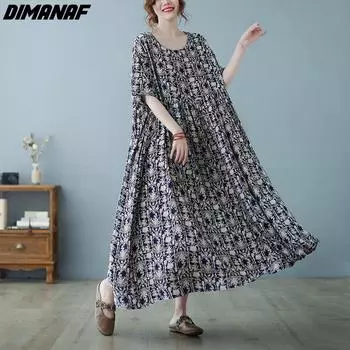 DIMANAF женское платье лето плюс размер пляжный сарафан льняной богемный принт с цветами модные женские платья Vestidos свободное повседневное длинное платье большого размера 9089