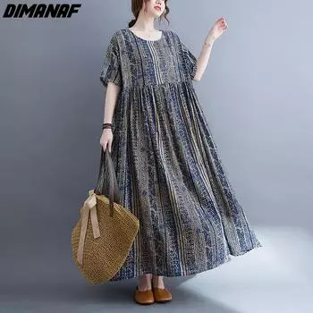 DIMANAF женское платье лето плюс размер пляжный сарафан льняной богемный принт с цветами модное женское свободное повседневное длинное платье большого размера 9078