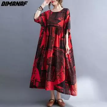 DIMANAF женское платье лето плюс размер пляжный сарафан льняной богемный принт с цветами модное красное свободное повседневное длинное платье большого размера