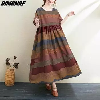 DIMANAF женское платье лето плюс размер пляжный сарафан льняной богемный принт с цветами модное женское свободное повседневное длинное платье большого размера 9082