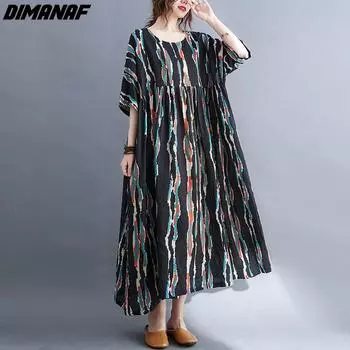 DIMANAF женское платье Лето плюс размер пляжный сарафан льняное полосатое модное свободное повседневное длинное платье большого размера черный, желтый