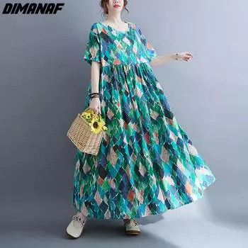DIMANAF Женское платье Лето Плюс Размер Пляжный сарафан Льняной богемный принт Цветы Модные женские платья Vestidos Свободное повседневное длинное платье большого размера 9063 One Size зелёный