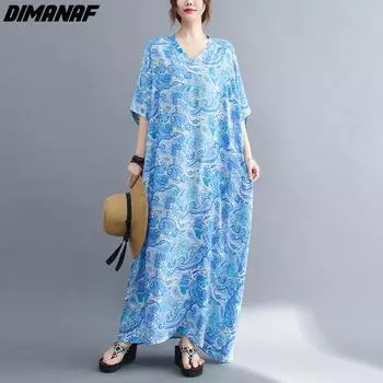 DIMANAF Женское Платье Лето Плюс Размер Пляжный Сарафан Женский Льняной Цветы Свободное Повседневное Длинное Платье Oversize Синее