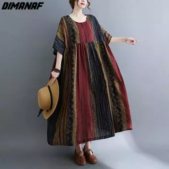 DIMANAF Женское платье Лето Плюс Размер Пляжный сарафан Льняной богемный принт Цветы Модные женские платья Vestidos Свободное повседневное длинное платье большого размера 6166 One Size коричневый