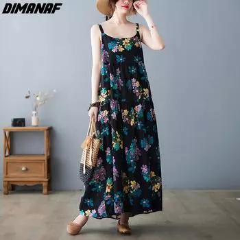 DIMANAF женское платье Лето плюс размер пляжный сарафан без рукавов льняной богемный принт с цветами модное свободное повседневное длинное платье большого размера One Size зелёный