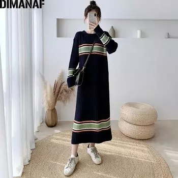 DIMANAF женское платье осень-зима из плотного хлопка вязание в полоску Elegnat женское платье-свитер с длинными рукавами оверсайз