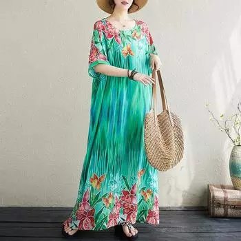 Dimanaf Женское платье размера плюс 2024, летнее богемное платье в стиле Лонг-Бич, базовое повседневное свободное свободное платье оверсайз с круглым вырезом, новое платье-футболка