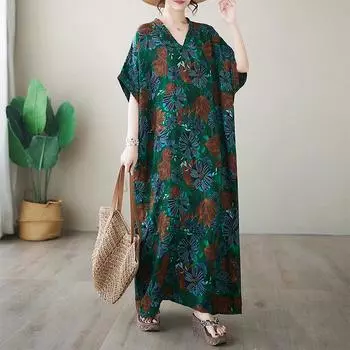DIMANAF женское платье размера плюс 2024, новое летнее длинное базовое платье оверсайз с цветочным принтом, повседневное винтажное платье-рубашка с v-образным вырезом и короткими рукавами