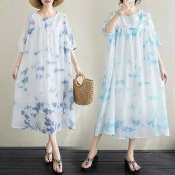 Dimanaf Женское платье размера плюс 2024, летнее длинное базовое повседневное свободное свободное платье оверсайз с круглым вырезом, новое пляжное синее платье-футболка