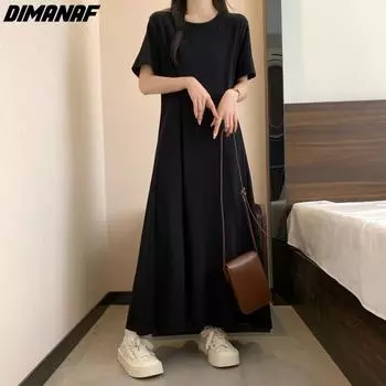 DIMANAF Женское платье размера плюс 2024, новое летнее длинное базовое платье-футболка большого размера с круглым вырезом, черное повседневное платье-футболка с короткими рукавами