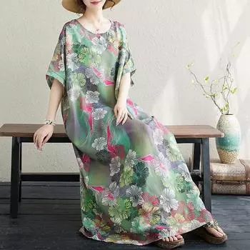 Dimanaf Женское платье размера плюс 2024, летнее богемное платье в стиле Лонг-Бич с цветочным принтом, свободное свободное платье с круглым вырезом, новое платье-футболка большого размера
