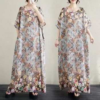 Dimanaf Женское платье размера плюс 2024, летнее повседневное свободное свободное платье с круглым вырезом большого размера в богемном стиле, длинное пляжное платье-футболка 2024 г.