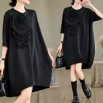 DIMANAF женское платье размера плюс 2024, новое летнее длинное базовое платье-футболка оверсайз с круглым вырезом и коротким рукавом с цветочным принтом L чёрный
