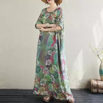 DIMANAF, женское платье размера плюс, лето 2024, повседневное, свободное, с круглым вырезом, большого размера, новое богемное длинное пляжное платье-футболка с цветочным принтом