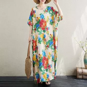 Dimanaf Женское платье размера плюс, лето 2024, повседневное свободное свободное платье большого размера с круглым вырезом, новое богемное длинное платье-футболка в пляжном стиле с цветочным принтом