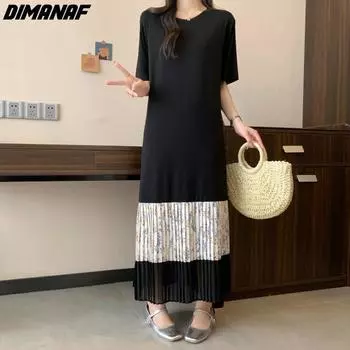 DIMANAF, женское платье размера плюс, новинка 2024 года, хлопковое летнее длинное платье-футболка оверсайз с цветочным принтом и круглым вырезом, повседневное платье-футболка с короткими рукавами