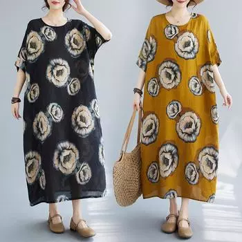 Dimanaf Женское платье размера плюс, новинка 2024 года, летнее длинное платье оверсайз с круглым вырезом и цветочным принтом, повседневное свободное стильное винтажное платье-рубашка с короткими рукавами