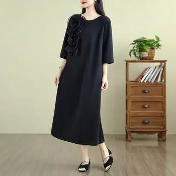 Dimanaf Женское платье-рубашка больших размеров с короткими рукавами 2025 Цветочное Новый летний стиль Рубашка О-образный вырез Свободное Новое L чёрный