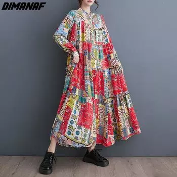 DIMANAF женское платье-рубашка больших размеров на весну и лето, элегантное платье с длинными рукавами и цветочным принтом, свободное пляжное платье на пуговицах оверсайз
