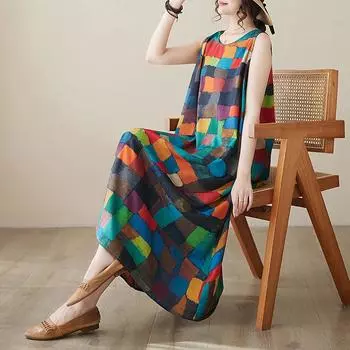 DIMANAF Женское повседневное богемное платье без рукавов с круглым вырезом размера плюс, новинка 2024 года, летнее длинное базовое платье большого размера с круглым вырезом