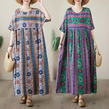 Dimanaf Женское повседневное богемное платье больших размеров с круглым вырезом и круглым вырезом размера плюс, новинка 2024 года, хлопковое летнее длинное базовое платье с короткими рукавами