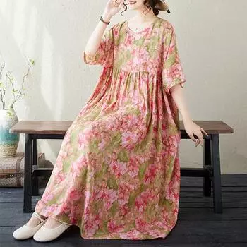 DIMANAF, женское повседневное платье больших размеров, новинка 2024 года, хлопковое летнее длинное базовое платье оверсайз с круглым вырезом и коротким рукавом